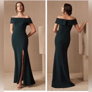 BHLDN Off-the-Shoulder Deep Teal Evening Gown with Front Slit